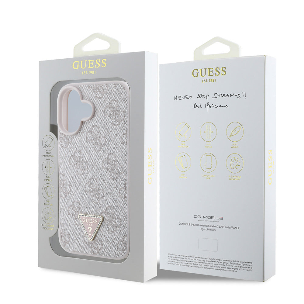 Guess iPhone 16 Orjinal Lisanslı PU Deri Taşlı Üçgen Logo 4G Desenli Strass Kılıf Guess iPhone 16 Orjinal Lisanslı PU Deri Taşlı Üçgen Logo 4G Desenli Strass Kılıf